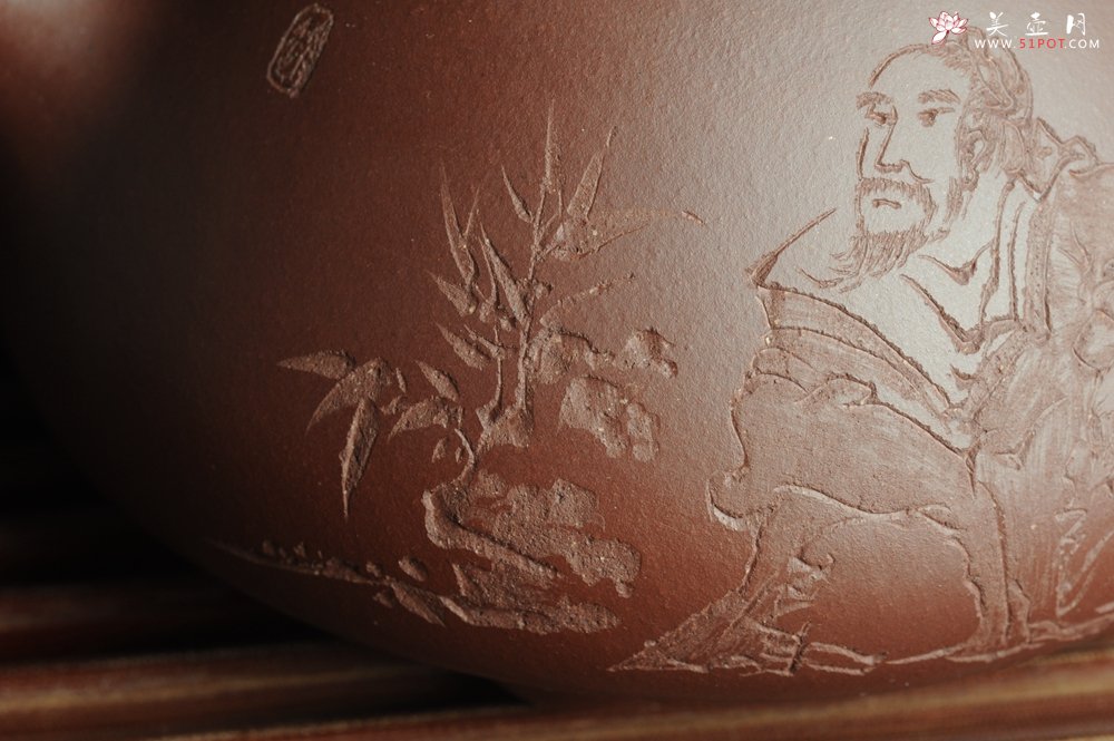 紫砂壶图片：贺岁新品 优质紫茄泥全手工高士竹图 风清气正满瓢 - 宜兴紫砂壶网