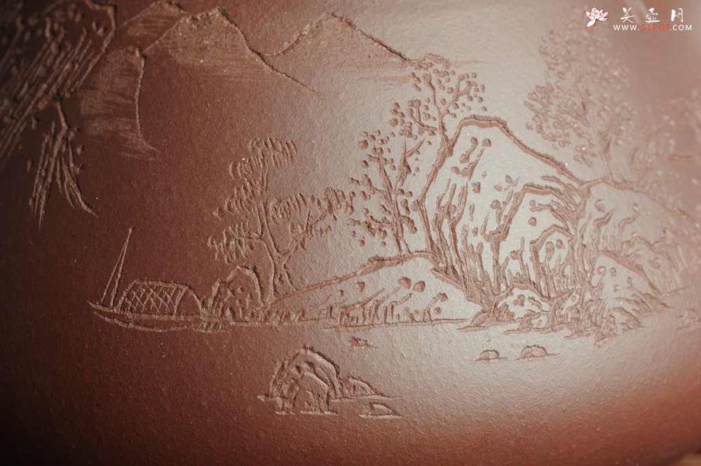 紫砂壶图片：优质紫茄泥全手工山水满瓢 雨过山色清 - 宜兴紫砂壶网