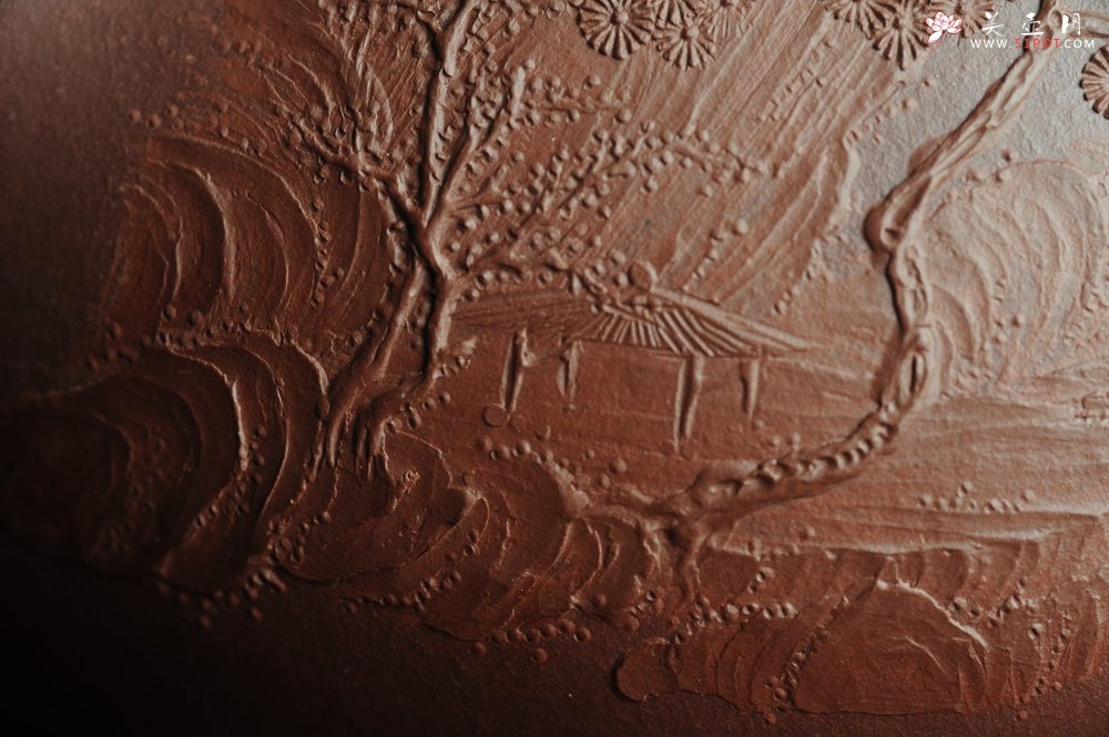 紫砂壶图片：美壶特惠 经典平盖小石瓢 满瓢（景舟石瓢）泥绘山水 江清月近人 单色泥绘更显功力 - 宜兴紫砂壶网