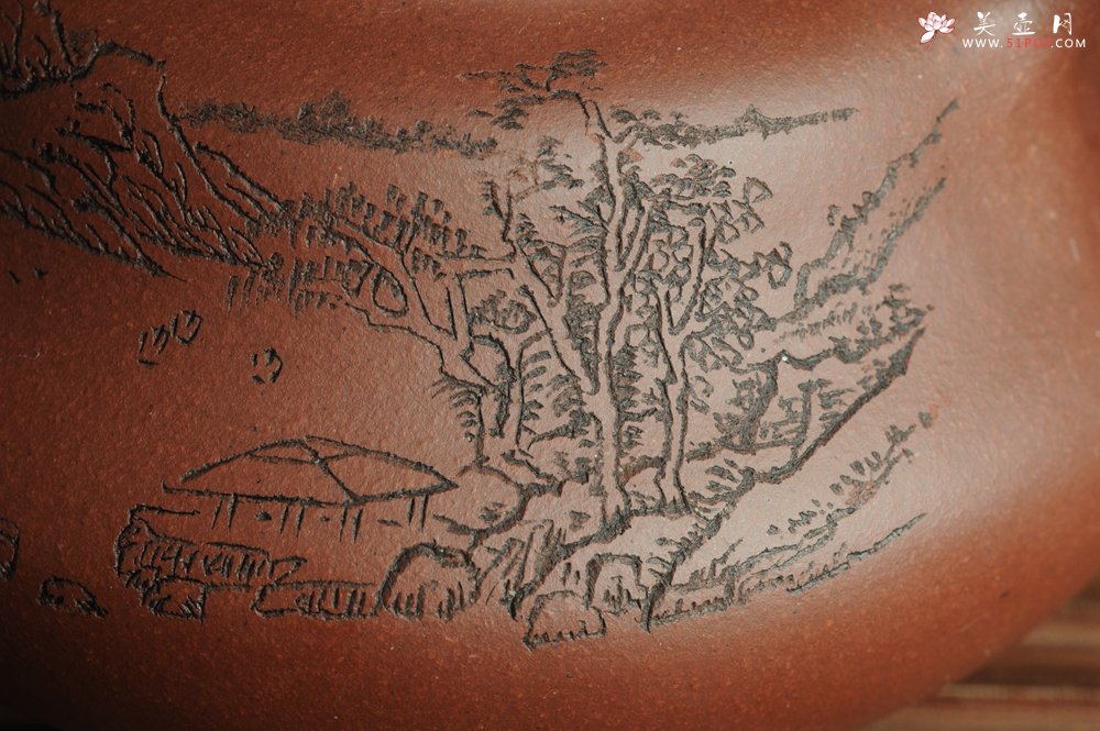 紫砂壶图片：美壶特惠 文气葫芦（福禄）壶 装饰山水 松风竹炉 - 宜兴紫砂壶网