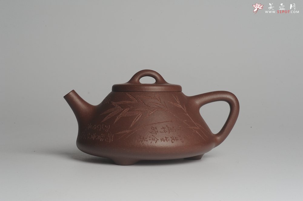 紫砂壶图片：优质紫泥 全手工精品摹古老子冶石瓢 骨肉匀挺 清茗堂助工文气装饰板桥竹 文人风骨尽显 - 宜兴紫砂壶网