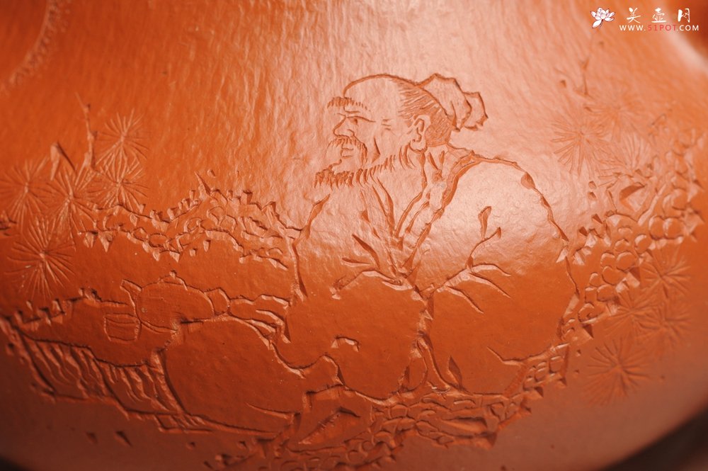 紫砂壶图片：优质赵庄朱泥全手工文旦 方健双刀文气装饰 - 宜兴紫砂壶网