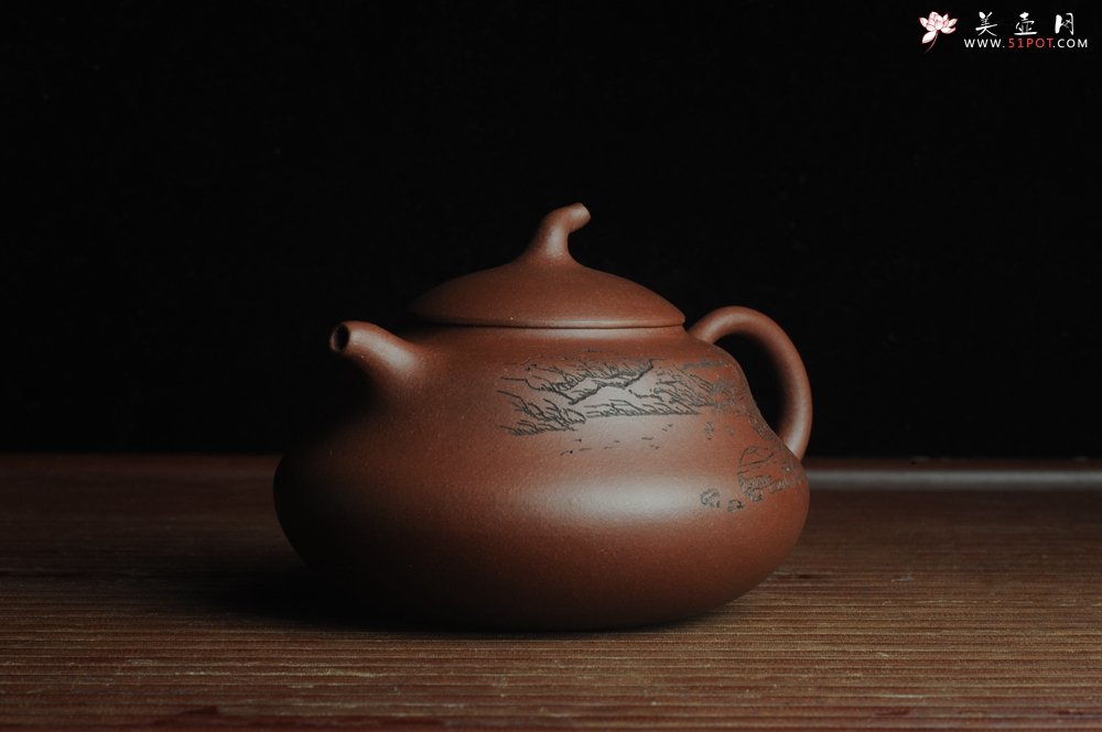 紫砂壶图片：美壶特惠 文气葫芦（福禄）壶 装饰山水 松风竹炉 - 宜兴紫砂壶网