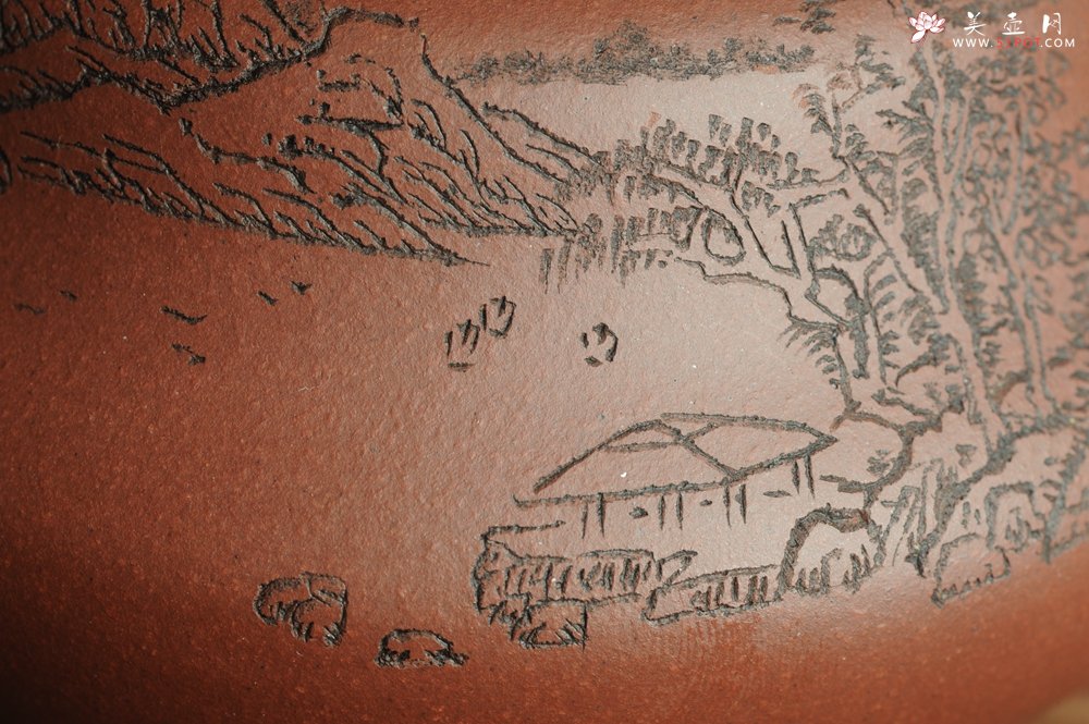 紫砂壶图片：美壶特惠 文气葫芦（福禄）壶 装饰山水 松风竹炉 - 宜兴紫砂壶网