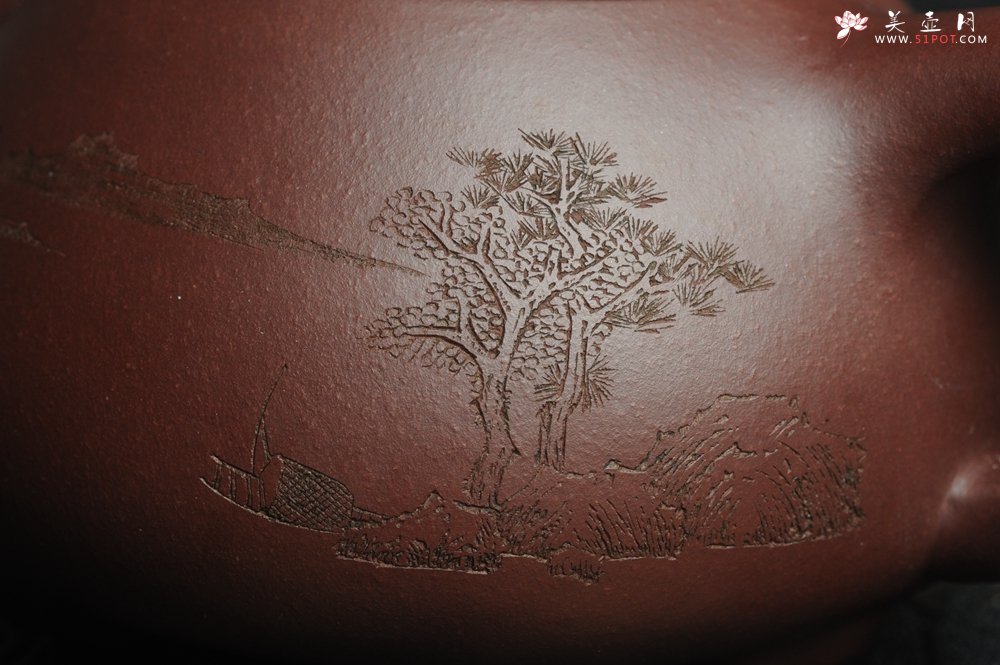 紫砂壶图片：美壶特惠 经典平盖小石瓢 满瓢（景舟石瓢）子木刻绘山水 - 宜兴紫砂壶网