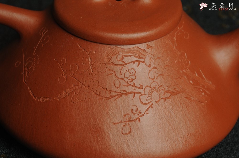 紫砂壶图片：朱泥全手工刻梅花子冶石瓢 - 宜兴紫砂壶网