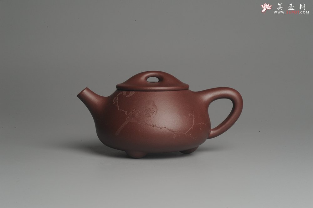 紫砂壶图片：美壶特惠 经典平盖小石瓢 满瓢（景舟石瓢）子木刻绘枯枝鸟 - 宜兴紫砂壶网