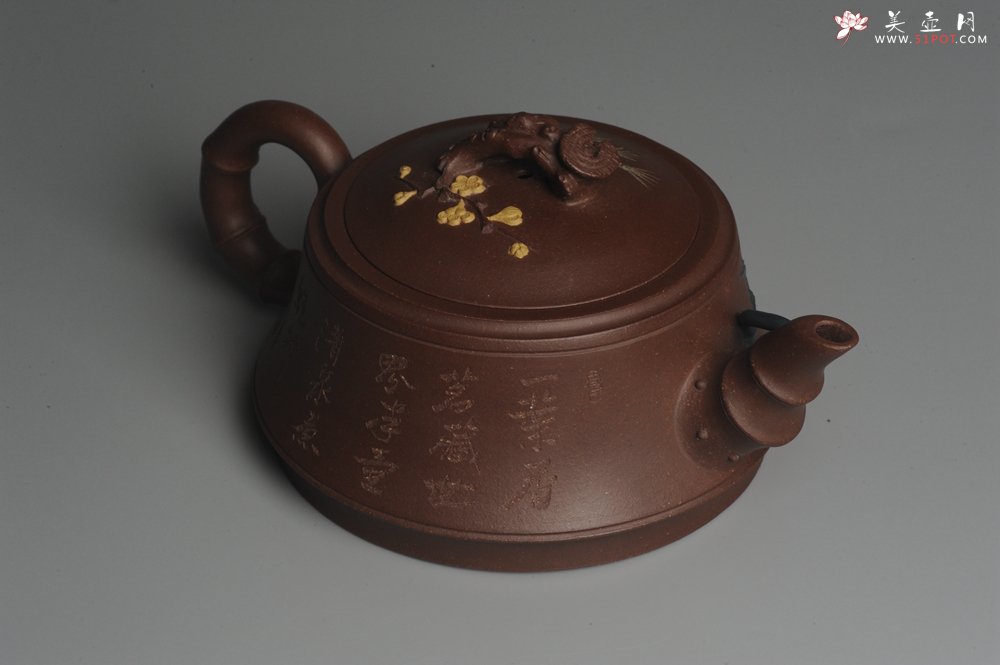 紫砂壶图片：美壶特惠 精工岁寒三友松竹梅 嵌盖难度大 文气雅致 - 宜兴紫砂壶网