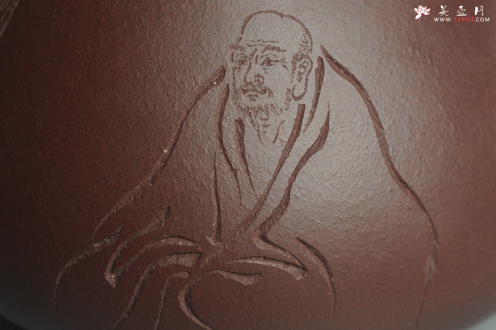 紫砂壶图片：美壶特惠 精致做工经典平盖饮者寿小石瓢 精刻人物 茶人醉爱 - 宜兴紫砂壶网