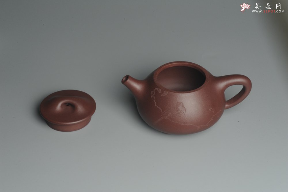紫砂壶图片：美壶特惠 经典平盖小石瓢 满瓢（景舟石瓢）子木刻绘枯枝鸟 - 宜兴紫砂壶网