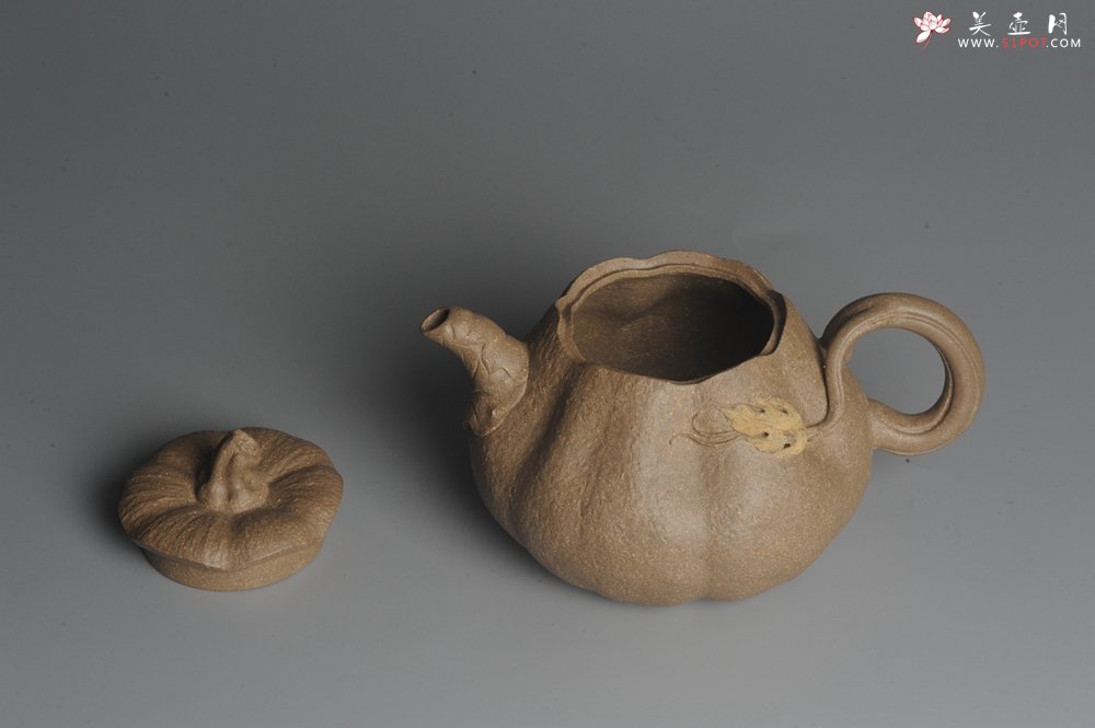 紫砂壶图片：美壶特惠 精致卡盖全手工老青段仿生小叶歪瓜 难度大 - 宜兴紫砂壶网