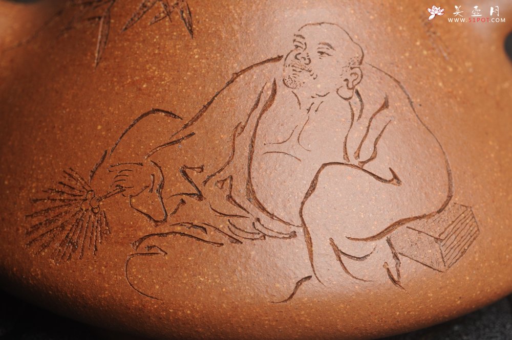 紫砂壶图片：油润五彩段泥 全手工薄胎精品子冶石瓢 难度大 骨肉匀挺 文气装饰高士乘凉图 无为 - 宜兴紫砂壶网