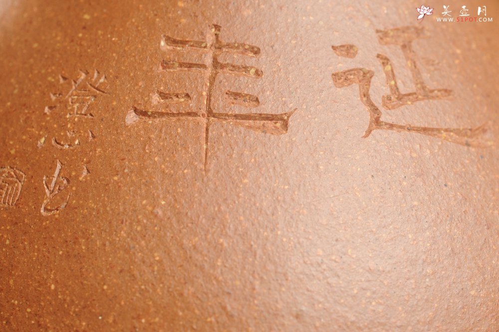 紫砂壶图片：油润五彩段泥 全手工薄胎子冶石瓢 饮之延年 助工俞霞精心摹古刻绘钱币纹 - 宜兴紫砂壶网