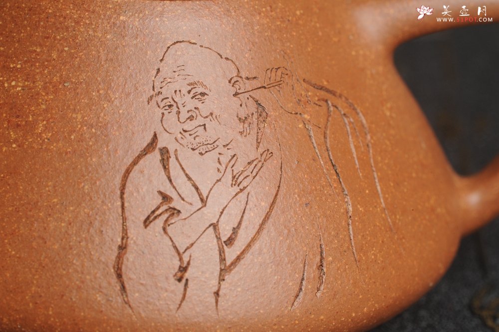 紫砂壶图片：油润五彩段泥 全手工薄胎精品子冶石瓢 难度大 骨肉匀挺 文气装饰高士采耳图 道法自然 - 宜兴紫砂壶网