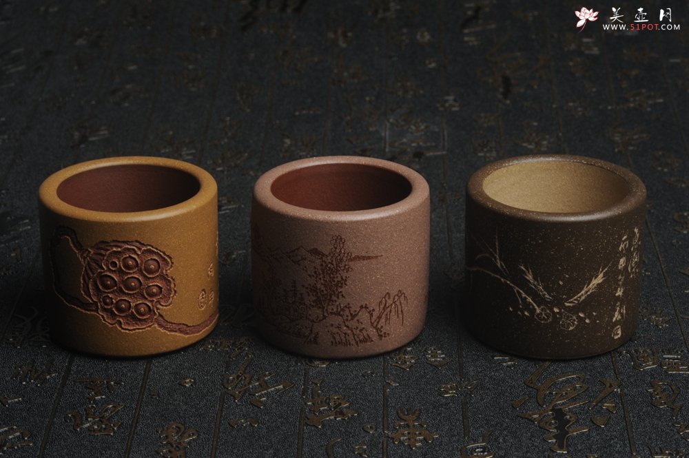 紫砂壶图片：美杯中秋特惠 精品好泥好工好刻雅致厚实品茗杯 缸杯 主人杯 一套三只 送礼佳品 - 宜兴紫砂壶网