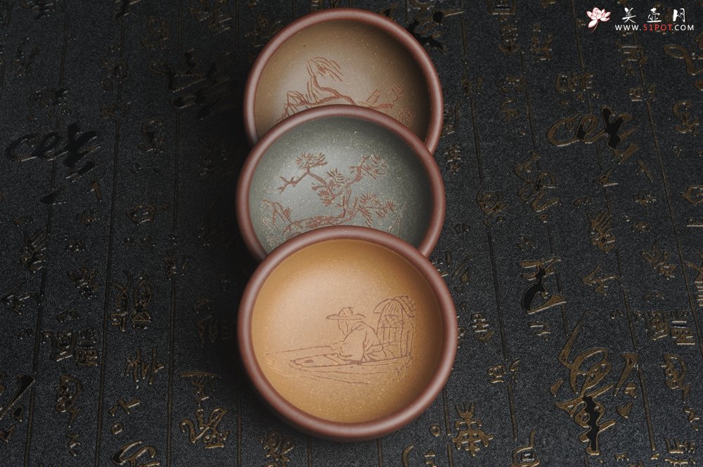 紫砂壶图片：美杯国庆特惠 精品好泥好工好刻雅致厚实品茗杯 主人杯 一套三只 送礼佳品 - 宜兴紫砂壶网