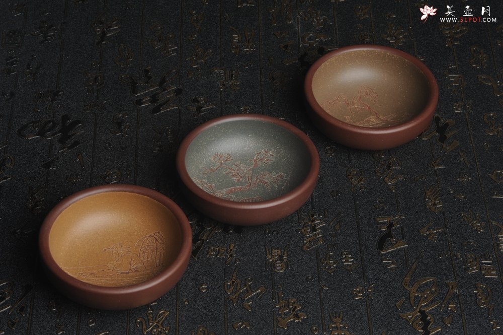 紫砂壶图片：美杯国庆特惠 精品好泥好工好刻雅致厚实品茗杯 主人杯 一套三只 送礼佳品 - 宜兴紫砂壶网