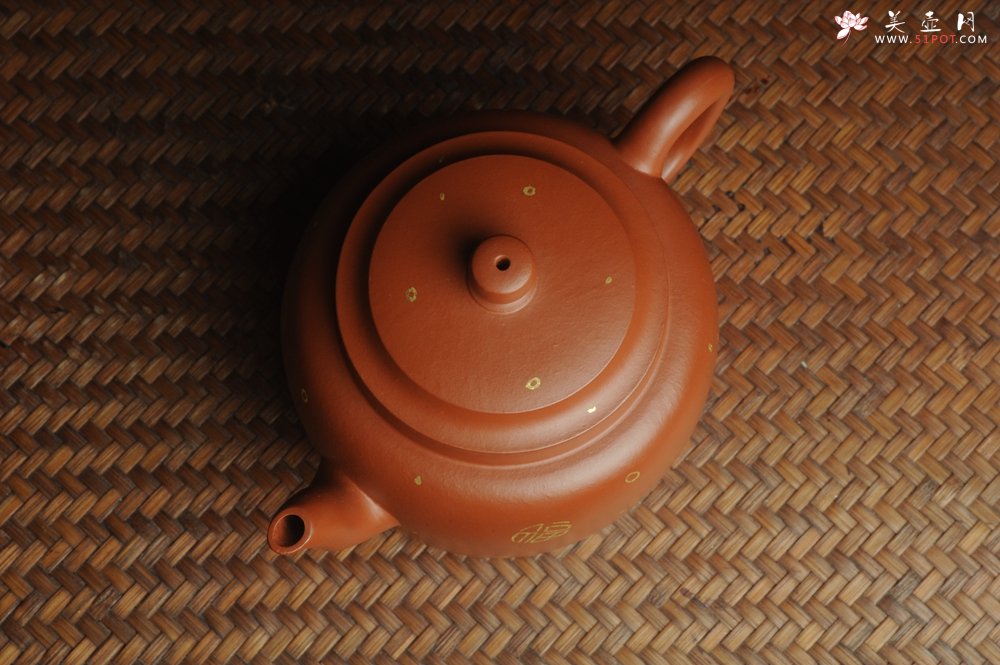 紫砂壶图片：特好朱泥全手工描金平盖古莲子 - 宜兴紫砂壶网