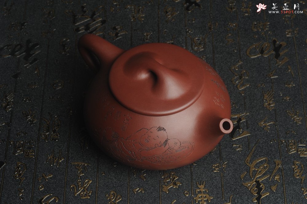 紫砂壶图片：油润紫泥 全手工大满瓢 石瓢 文气装饰小息图 紫瓯蕴玉烹雀舌 砂罂含露泛春华 - 宜兴紫砂壶网