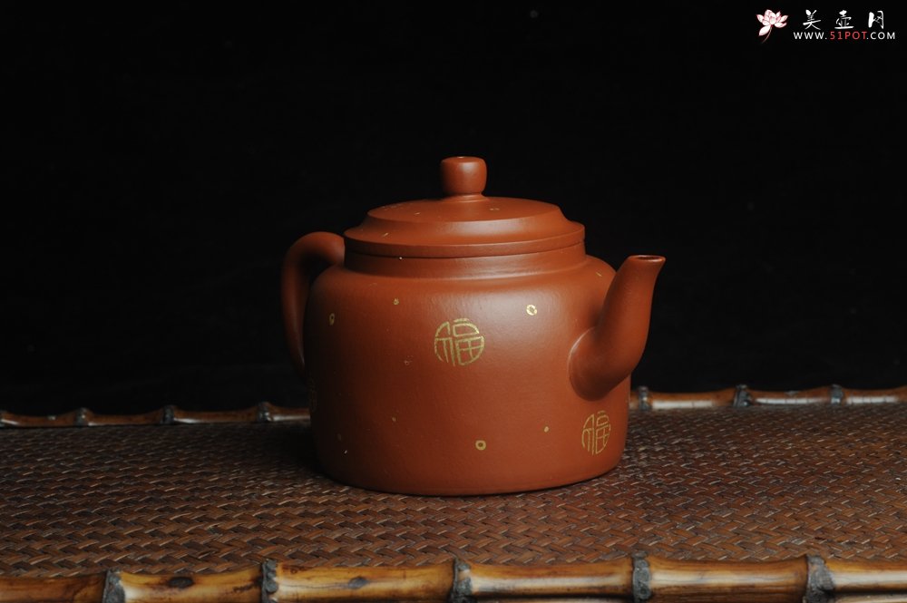 紫砂壶图片：特好朱泥全手工描金平盖古莲子 - 宜兴紫砂壶网