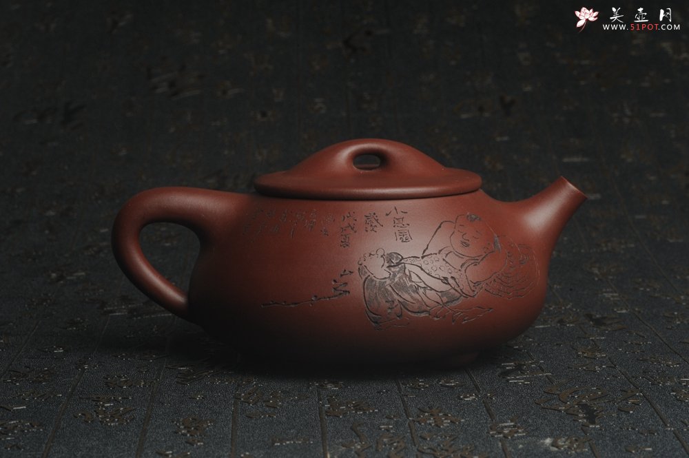 紫砂壶图片：油润紫泥 全手工大满瓢 石瓢 文气装饰小息图 紫瓯蕴玉烹雀舌 砂罂含露泛春华 - 宜兴紫砂壶网