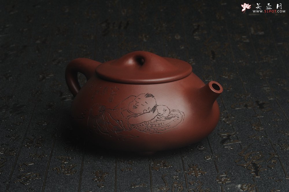 紫砂壶图片：油润紫泥 全手工大满瓢 石瓢 文气装饰小息图 紫瓯蕴玉烹雀舌 砂罂含露泛春华 - 宜兴紫砂壶网