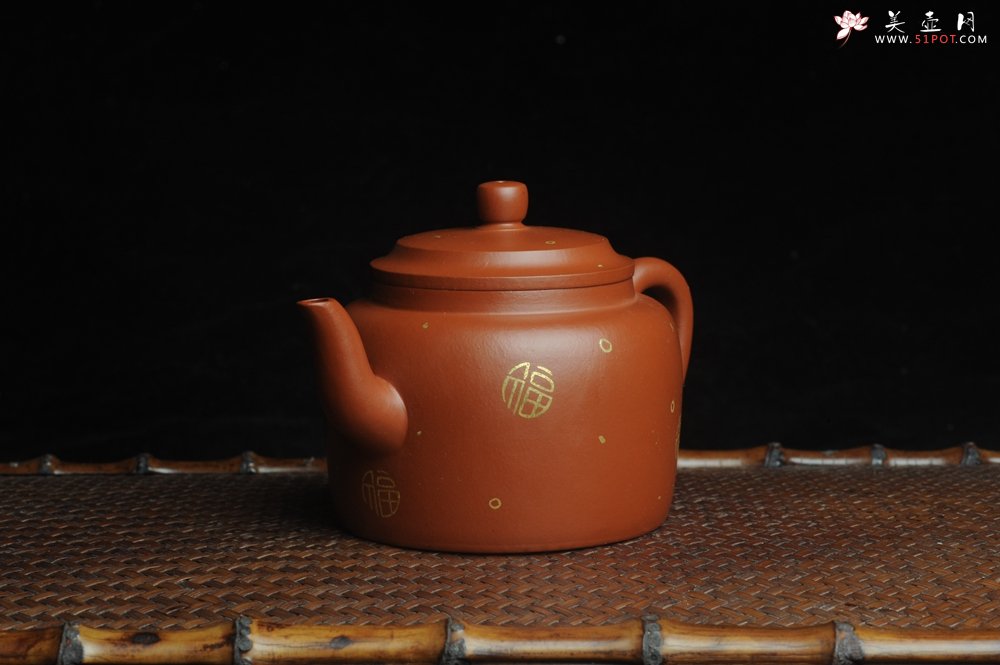 紫砂壶图片：特好朱泥全手工描金平盖古莲子 - 宜兴紫砂壶网