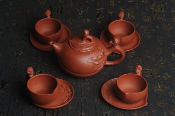 紫砂壶图片：美壶特惠 原矿红清水泥 精致辈辈封侯套壶 单杯56cc 送礼自用佳品 茶人醉爱 - 宜兴紫砂壶网