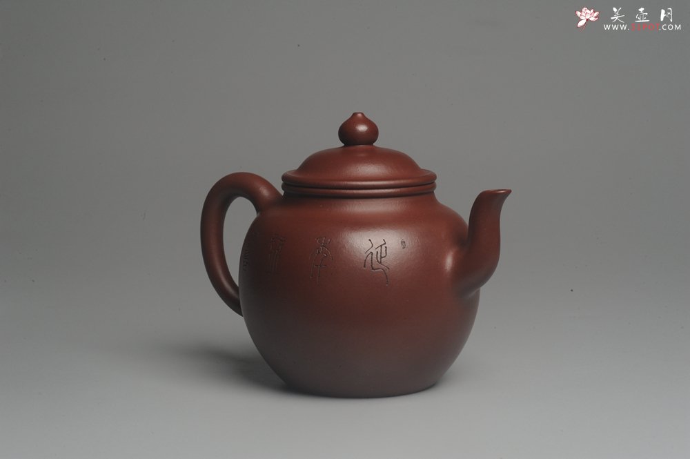紫砂壶图片：油润黄龙山4号深井红皮龙 全手工高灯壶 清茗堂助工文气装饰龟寿图 延年益寿 - 宜兴紫砂壶网