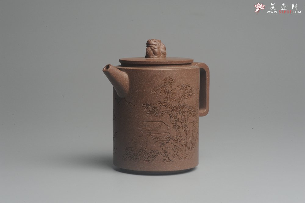 紫砂壶图片：美壶特惠 优质老段文人集狮壶 通景山水 灰常雅致 - 宜兴紫砂壶网