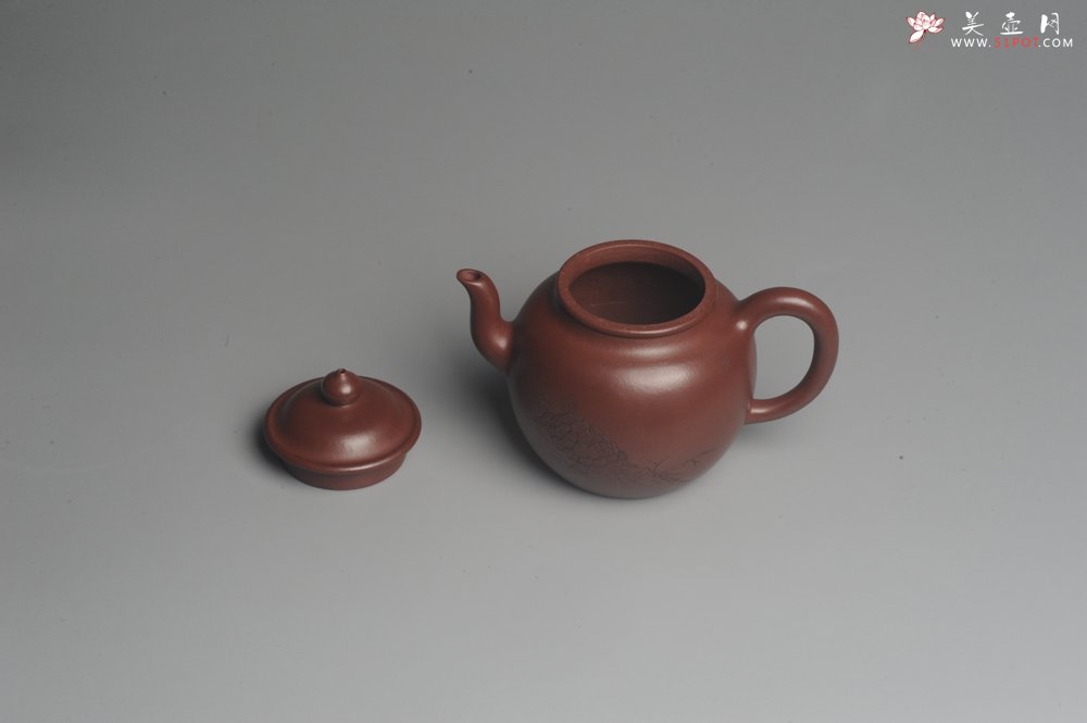 紫砂壶图片：油润黄龙山4号深井红皮龙 全手工高灯壶 清茗堂助工文气装饰龟寿图 延年益寿 - 宜兴紫砂壶网