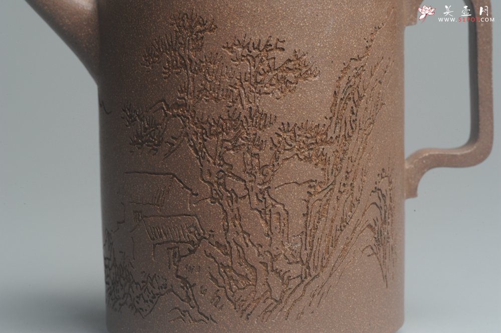 紫砂壶图片：美壶特惠 优质老段文人集狮壶 通景山水 灰常雅致 - 宜兴紫砂壶网