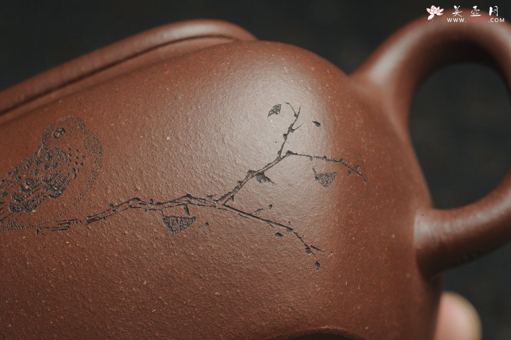 紫砂壶图片：美壶特惠 精工好料底曹青枯枝鸟小四方 灰常雅致 - 宜兴紫砂壶网