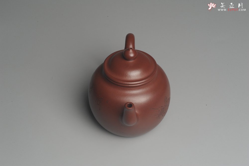 紫砂壶图片：油润黄龙山4号深井红皮龙 全手工高灯壶 清茗堂助工文气装饰龟寿图 延年益寿 - 宜兴紫砂壶网