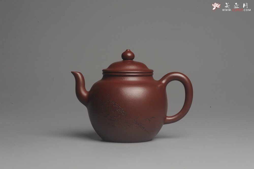 紫砂壶图片：油润黄龙山4号深井红皮龙 全手工高灯壶 清茗堂助工文气装饰龟寿图 延年益寿 - 宜兴紫砂壶网