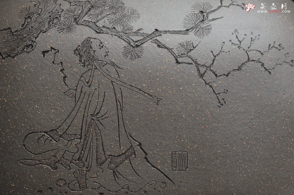 紫砂壶图片：精品特惠 助工老青段精品瑞兽双耳罐 茶仓 茶叶罐 水洗 烟灰缸 松下高士图 - 宜兴紫砂壶网