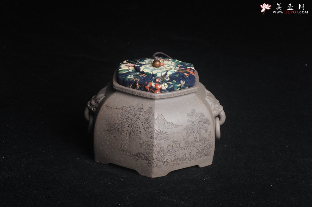 紫砂壶图片：精品特惠 助工老青段精品山水六方瑞兽双耳罐 茶仓 茶叶罐 水洗 - 宜兴紫砂壶网
