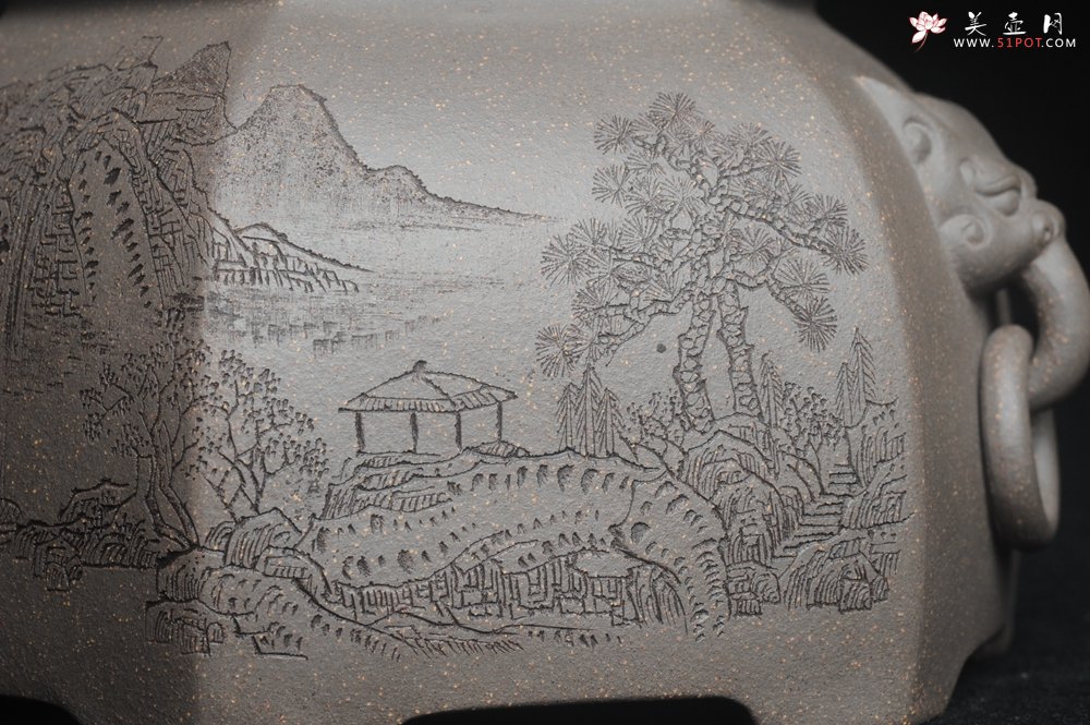 紫砂壶图片：精品特惠 助工老青段精品山水六方瑞兽双耳罐 茶仓 茶叶罐 水洗 - 宜兴紫砂壶网