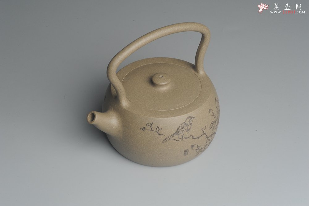 紫砂壶图片：美壶特惠 老青段 助工精工怀古提梁 装饰花鸟 - 宜兴紫砂壶网