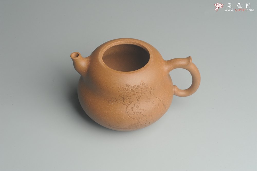 紫砂壶图片：美壶特惠 特好降坡泥精工葫芦壶(福禄) 装饰山水 灰常文气 - 宜兴紫砂壶网