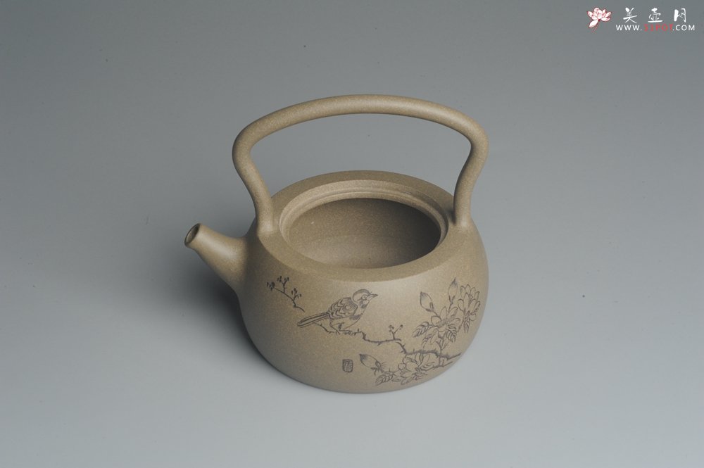 紫砂壶图片：美壶特惠 老青段 助工精工怀古提梁 装饰花鸟 - 宜兴紫砂壶网