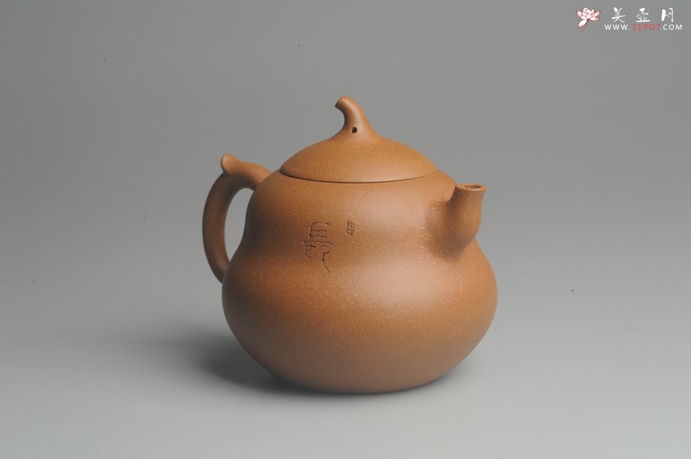 紫砂壶图片：美壶特惠 特好降坡泥精工葫芦壶(福禄) 装饰山水 灰常文气 - 宜兴紫砂壶网