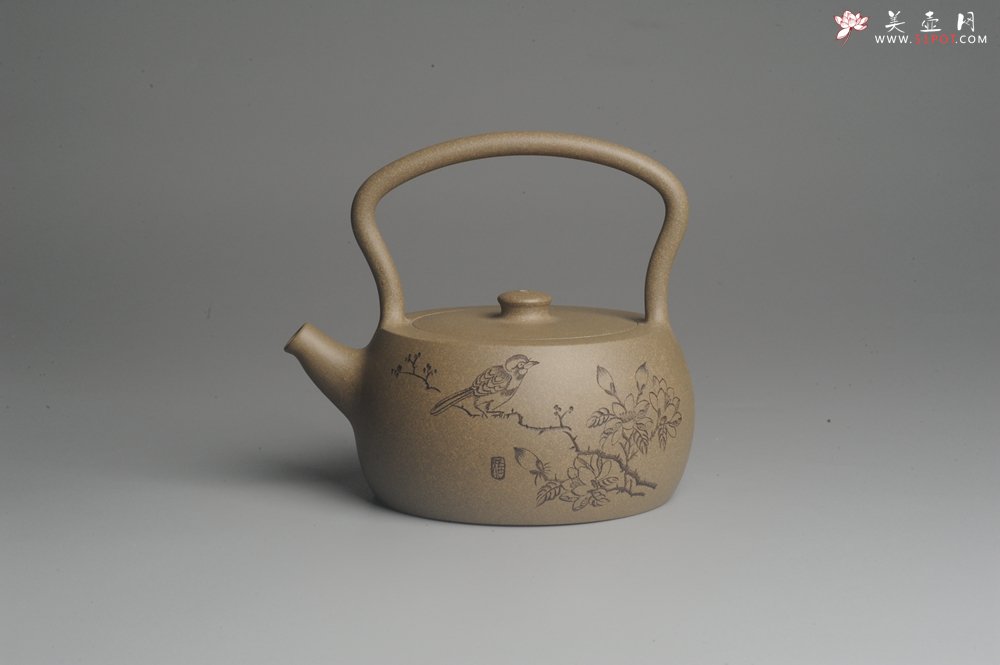 紫砂壶图片：美壶特惠 老青段 助工精工怀古提梁 装饰花鸟 - 宜兴紫砂壶网