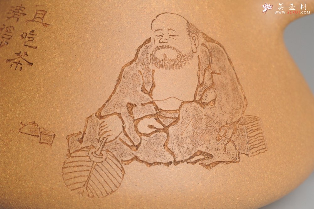 紫砂壶图片：油润老黄段泥(此泥料属于家藏老料！油润无比，识者自知！)全手工子冶石瓢 装饰人物 特文气 - 宜兴紫砂壶网