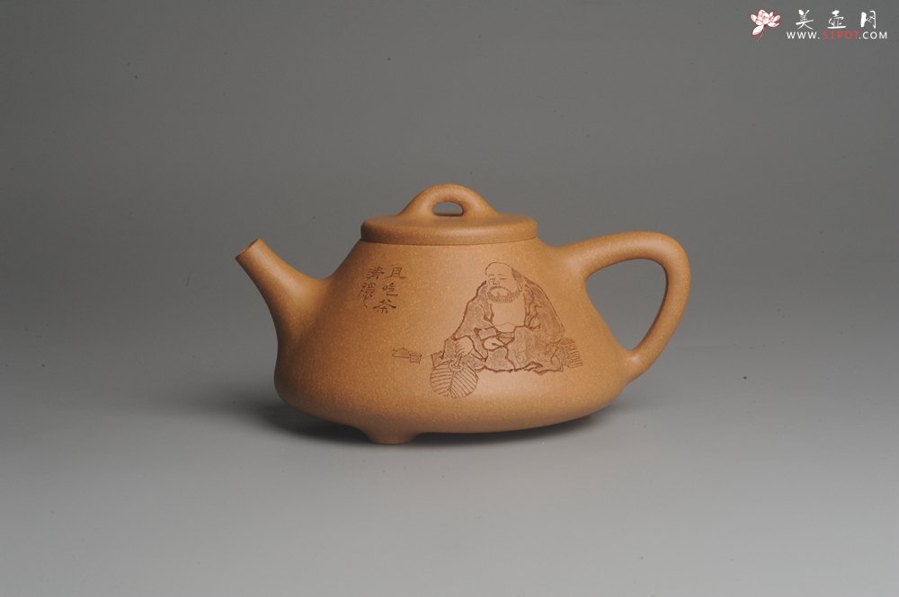 紫砂壶图片：油润老黄段泥(此泥料属于家藏老料！油润无比，识者自知！)全手工子冶石瓢 装饰人物 特文气 - 宜兴紫砂壶网