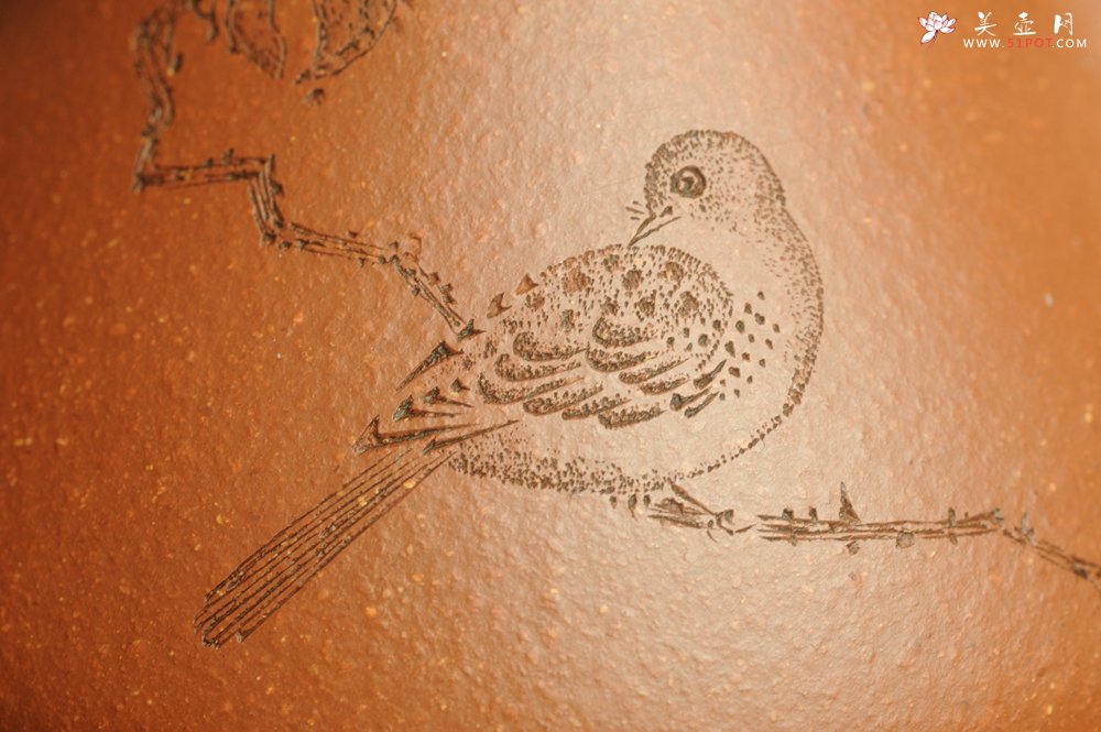 紫砂壶图片：美壶特惠 超精致特好降坡泥小品子冶石瓢 装饰枯枝鸟 特文气 - 宜兴紫砂壶网