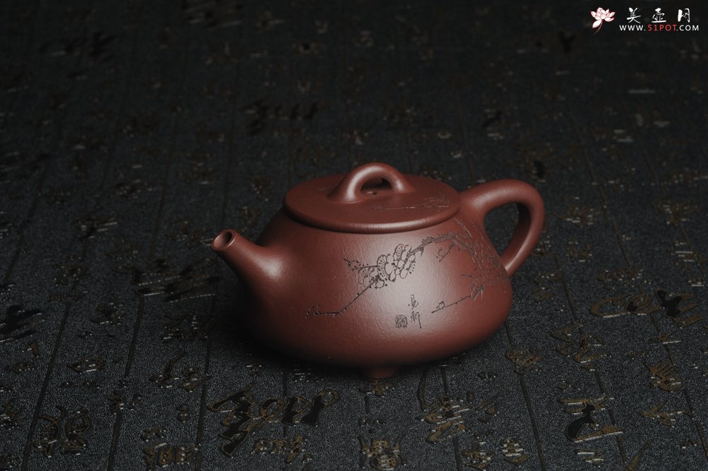 紫砂壶图片：油润底曹青 全手工周氏石瓢 装饰喜上眉梢 特文气 - 宜兴紫砂壶网