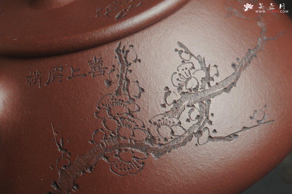 紫砂壶图片：油润底曹青 全手工周氏石瓢 装饰喜上眉梢 特文气 - 宜兴紫砂壶网