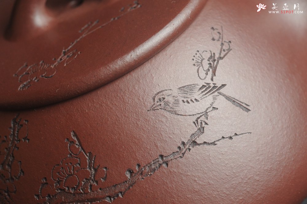 紫砂壶图片：油润底曹青 全手工周氏石瓢 装饰喜上眉梢 特文气 - 宜兴紫砂壶网