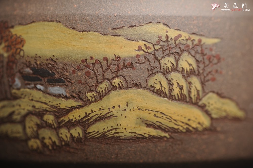 紫砂壶图片：美杯国庆特惠 精品好泥好工好刻雅致厚实泥绘山水主人杯 茶人醉爱 - 宜兴紫砂壶网